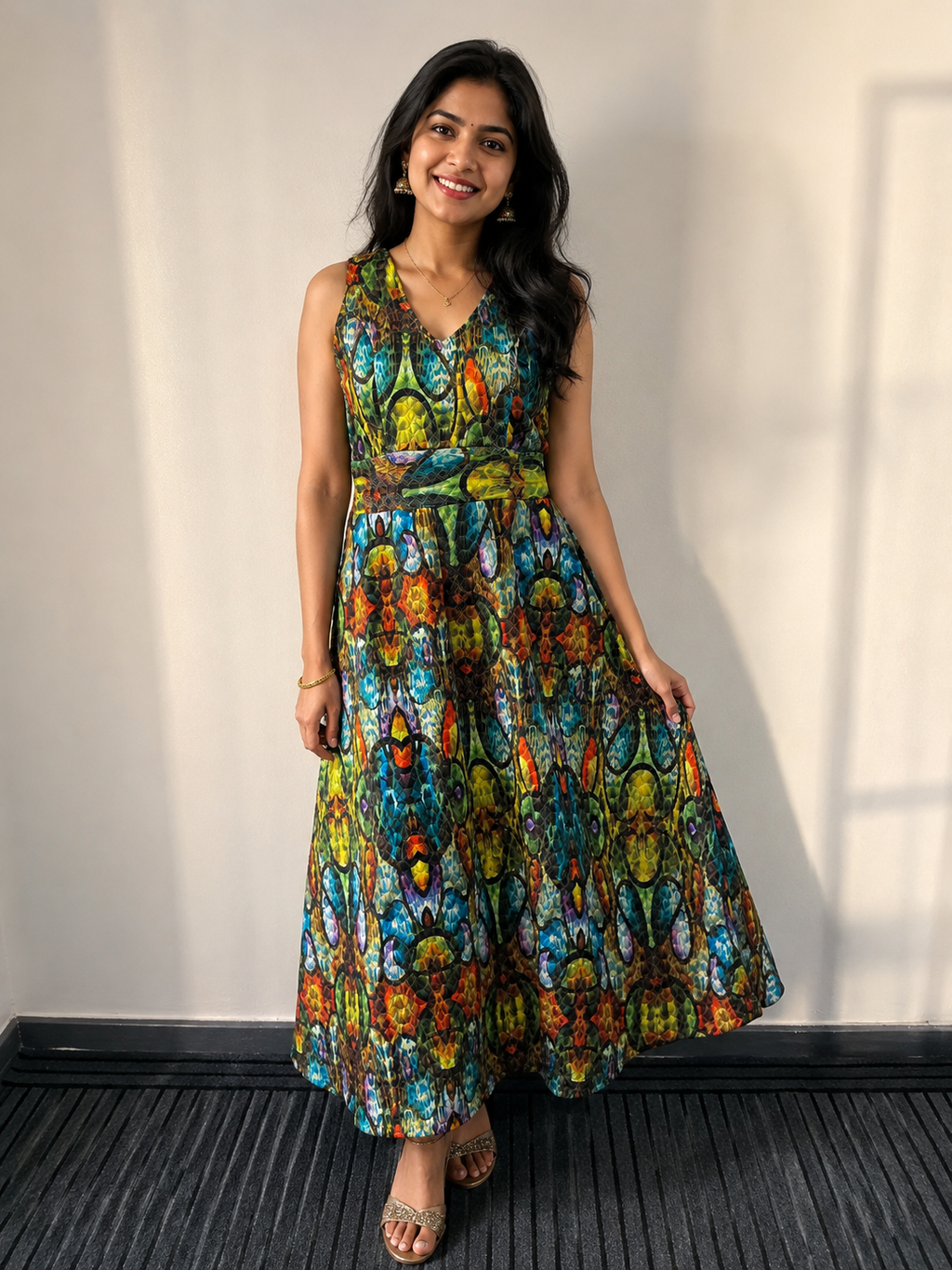 Long Casual Party Gown with Abstract Print