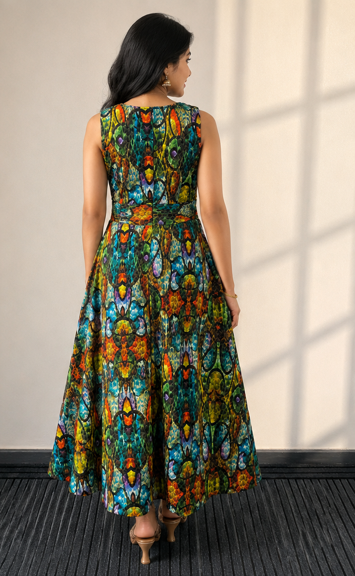 Long Casual Party Gown with Abstract Print