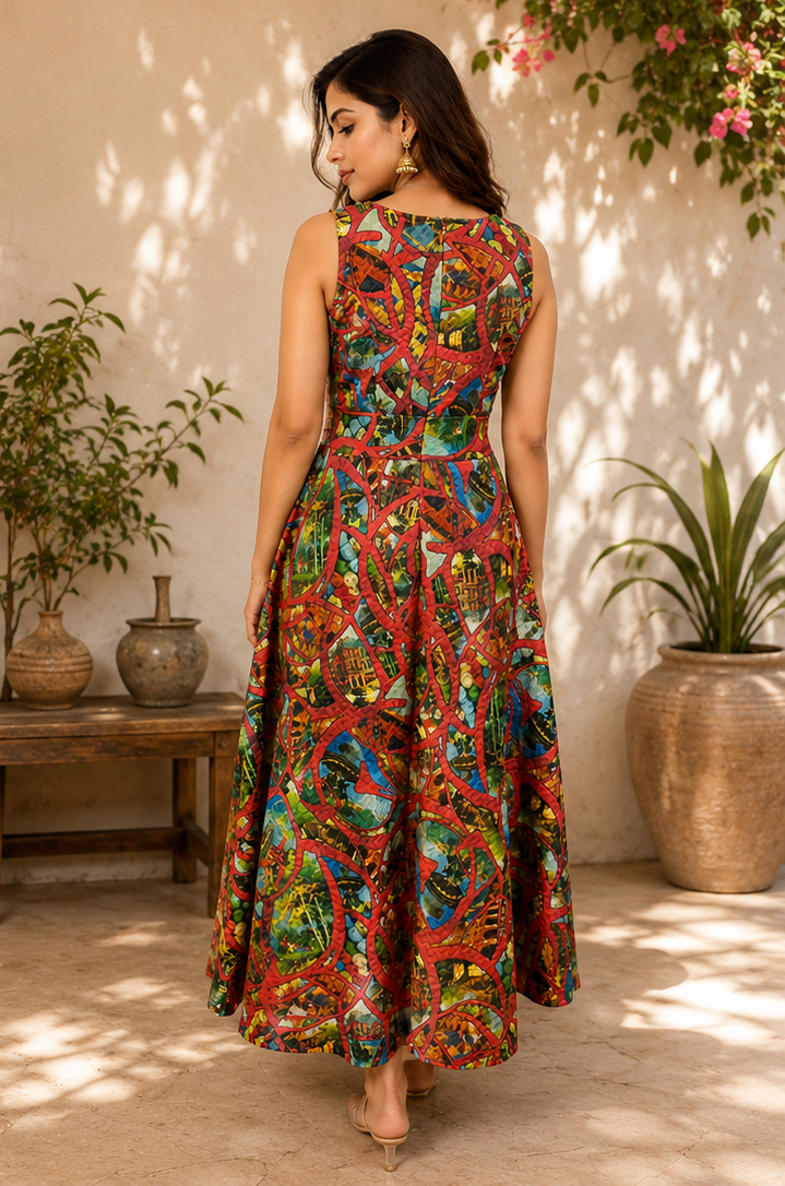 Long red Dress with Leafy designs