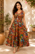 Long red Dress with Leafy designs