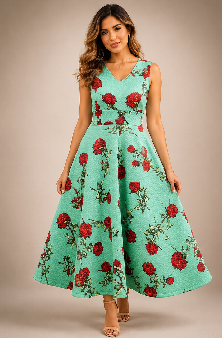 Long aqua with rose dress